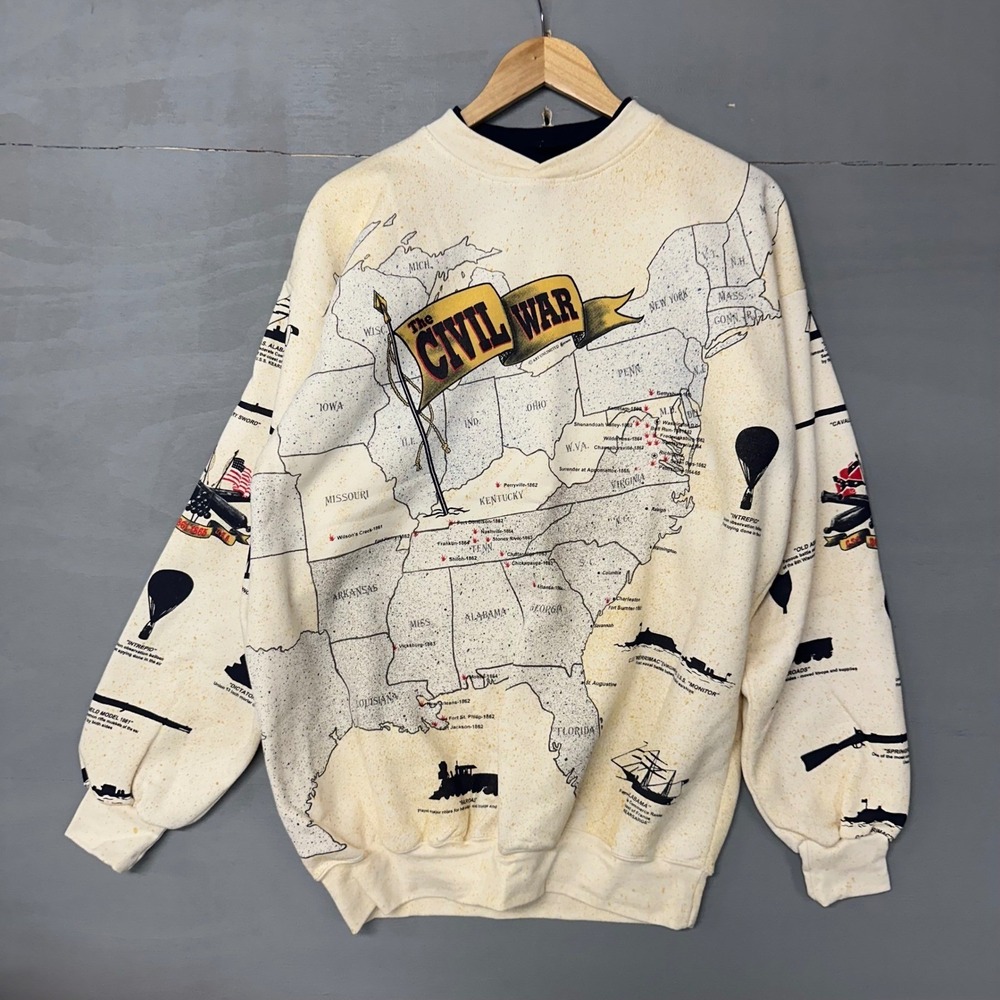 Art Unlimited Sportswear Civil War Map Graphic Sweatshirt Mens Size L Cream Navy